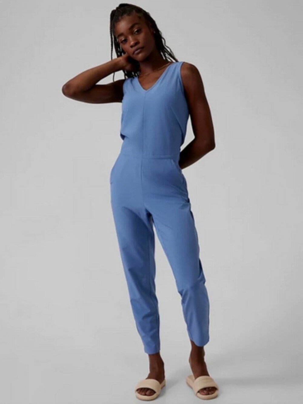 Athleta Brooklyn Jumpsuit Cottage Blue Women's 8 Petite Athleisure Travel 981021